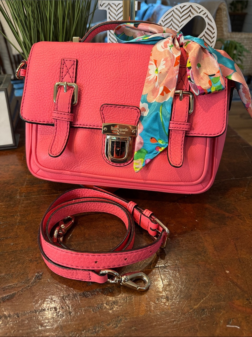 💕kate spade Coral Pink Leather Satchel with Floral Scarf Accent